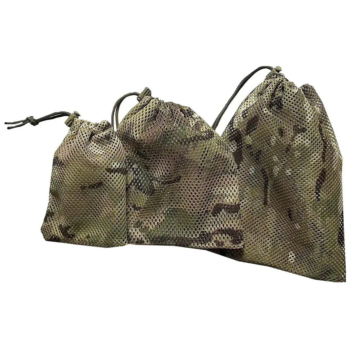 Luminae Stash Bags - Set of 3 Multicam by John Bulls shown standing upright with drawstring closures, ideal for modular travel packing. from John Bull Clothing