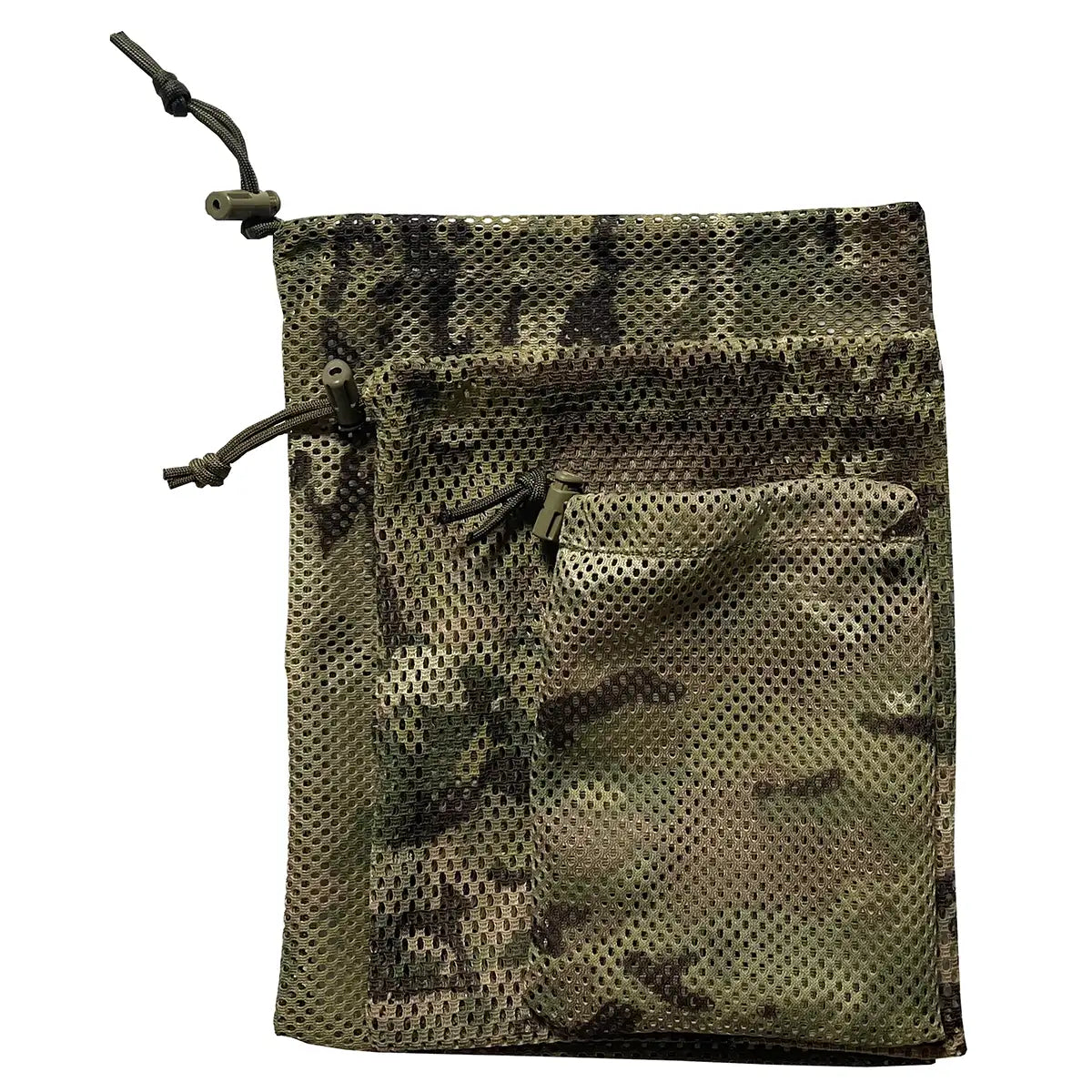 Stacked Luminae Stash Bags - Set of 3 Multicam highlighting compact nesting design and tactical mesh material for efficient luggage organization.