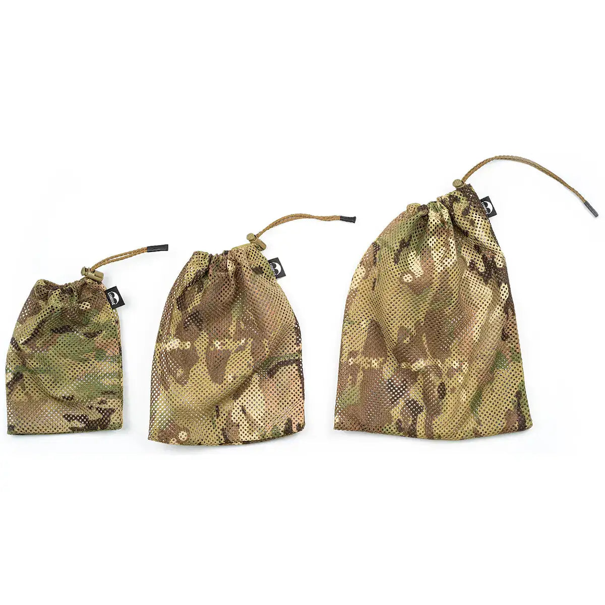 Set of three lightweight camouflage stash bags made of durable Cordura material with drawstring closures for organized packing