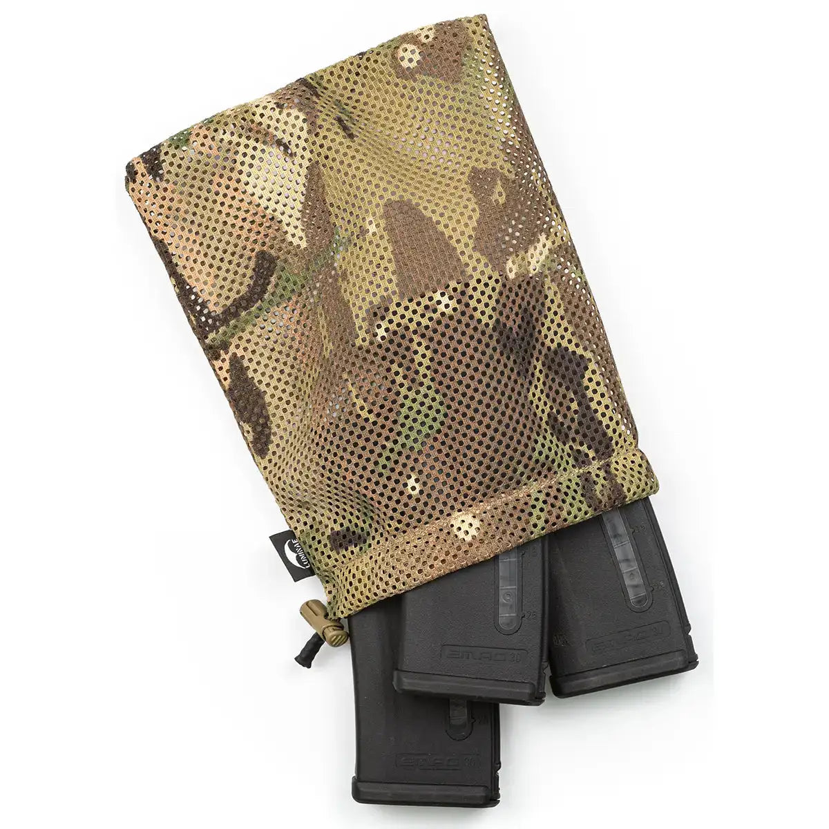 Multicam camouflage mesh pouch with drawstring closure holding three black firearm magazines, designed for tactical storage and organization.