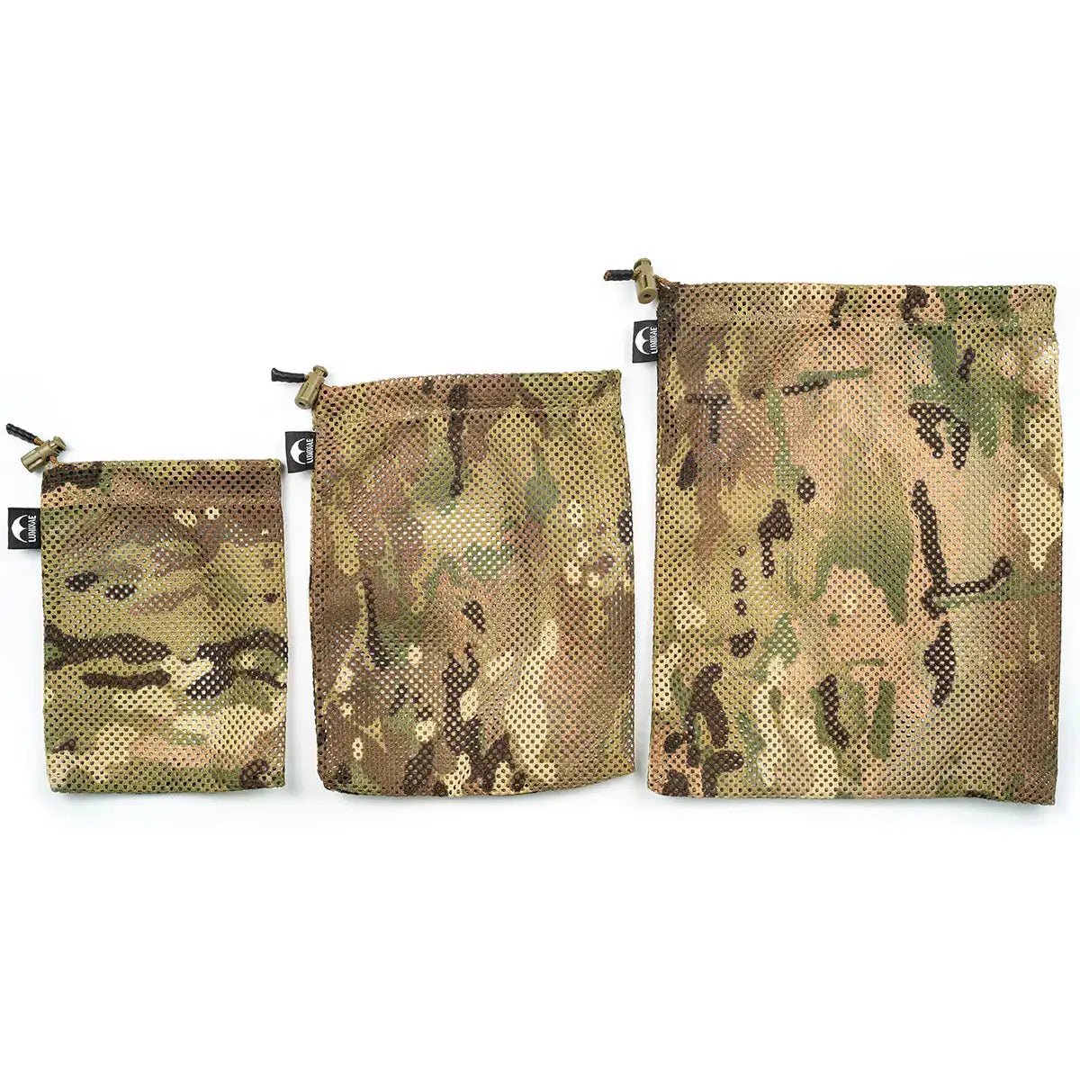 Set of three lightweight camouflage mesh stash bags in Multicam pattern, ideal for organizing tactical gear and accessories, SKU: JB1474