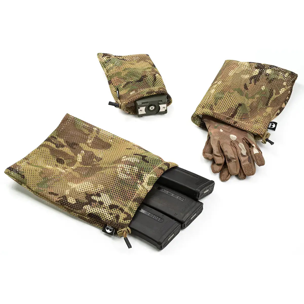 Camo mesh gear storage bags with drawstrings, shown with magazines and gloves, designed for tactical and outdoor use, SKU: JB1474