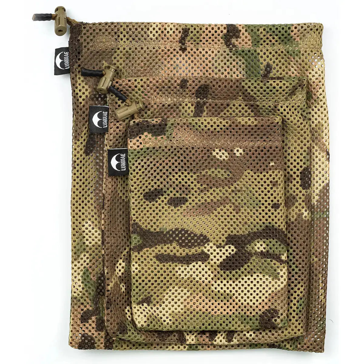 Camouflage mesh pouch with drawstring closure in Multicam pattern, perfect for storing small gear or accessories, SKU: JB1474