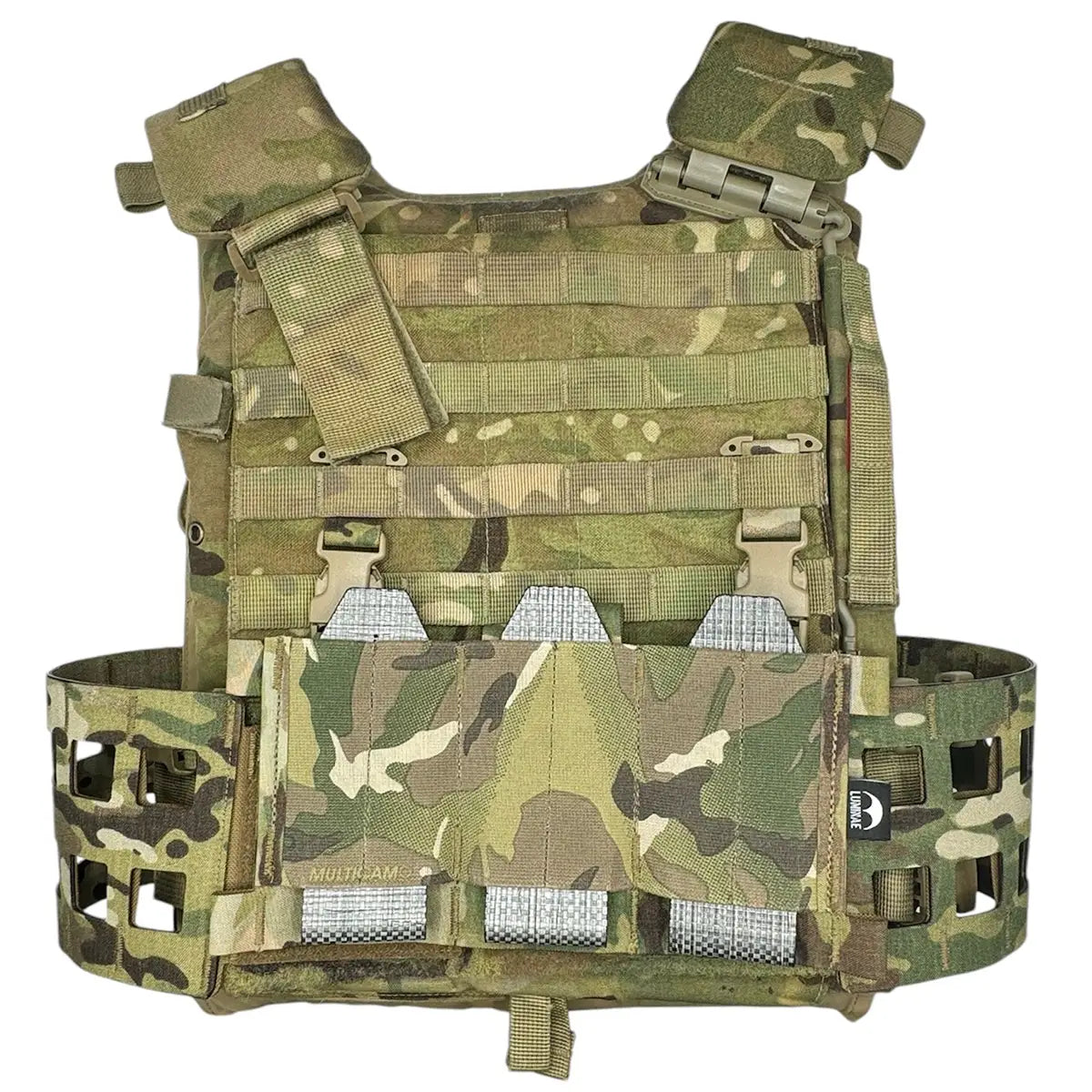 Luminae Virtus Rigging Upgrade Kit in Multicam with cummerbund and front zip adapter attached to Virtus Plate Carrier for enhanced tactical fit