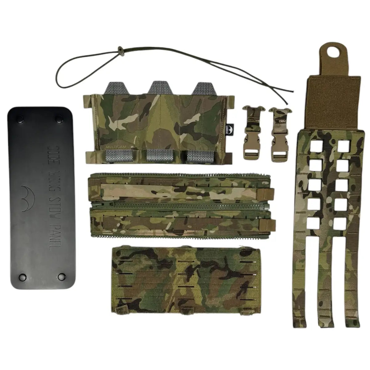 Complete Luminae Virtus Rigging Upgrade Kit components including cummerbund, zip adapters, Velcro front panel, and buckles in Multicam