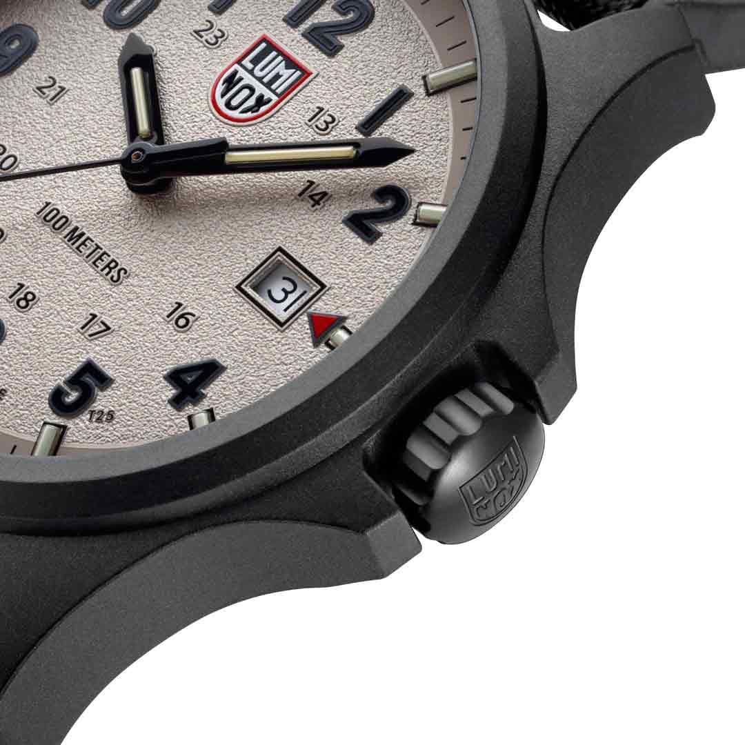 Side view of Luminox Atacama Field 1960 Series Watch XL.1971.SET highlighting crown with Luminox logo and durable Carbonox case.