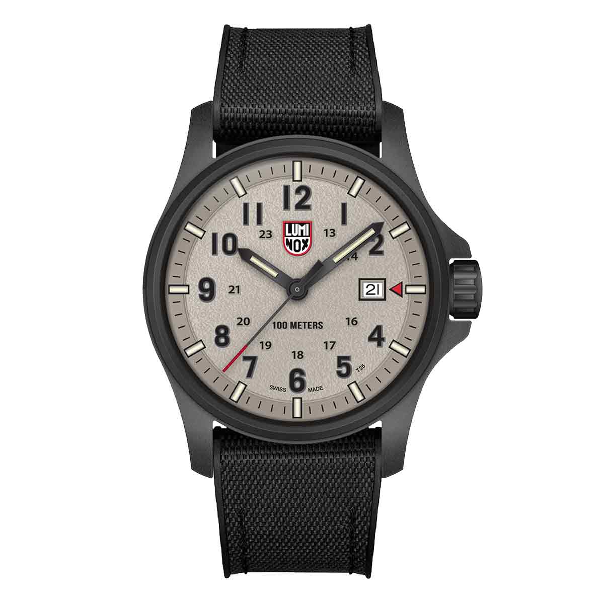 Luminox Atacama Field 1960 Series Watch XL.1971.SET with beige dial, black numerals, and black fabric strap, 43mm case for rugged outdoor use.
