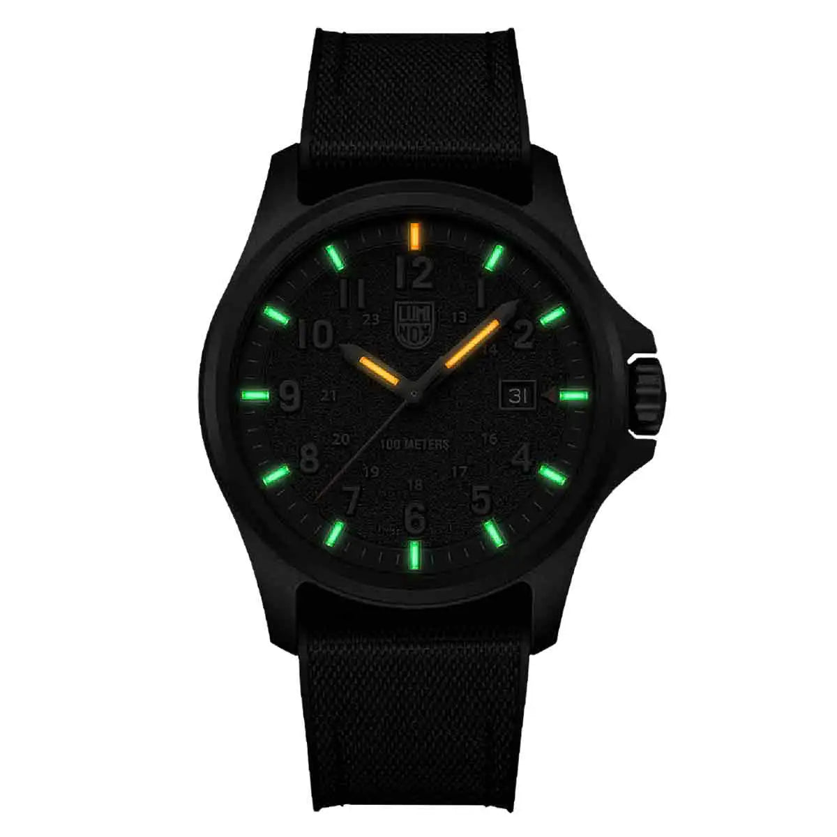 Luminox Atacama Field 1960 Series Watch XL.1971.SET glowing in the dark with green and orange luminous markers, ideal for night visibility. from John Bull Clothing