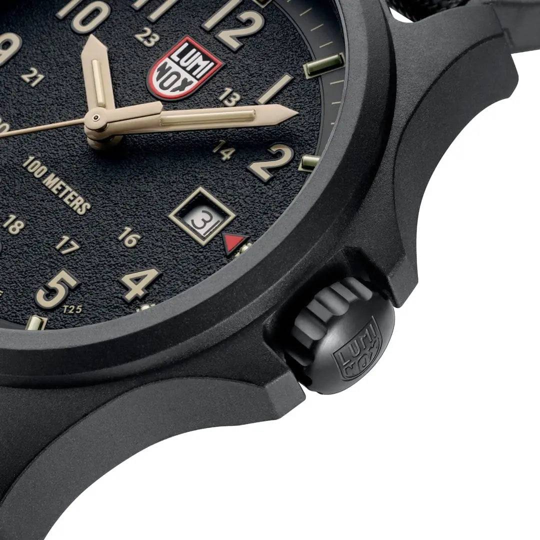 Detailed view of the Luminox Atacama Field 1960 Series Watch XL.1970.SET case and crown, highlighting its rugged black Carbonox construction and precision design.