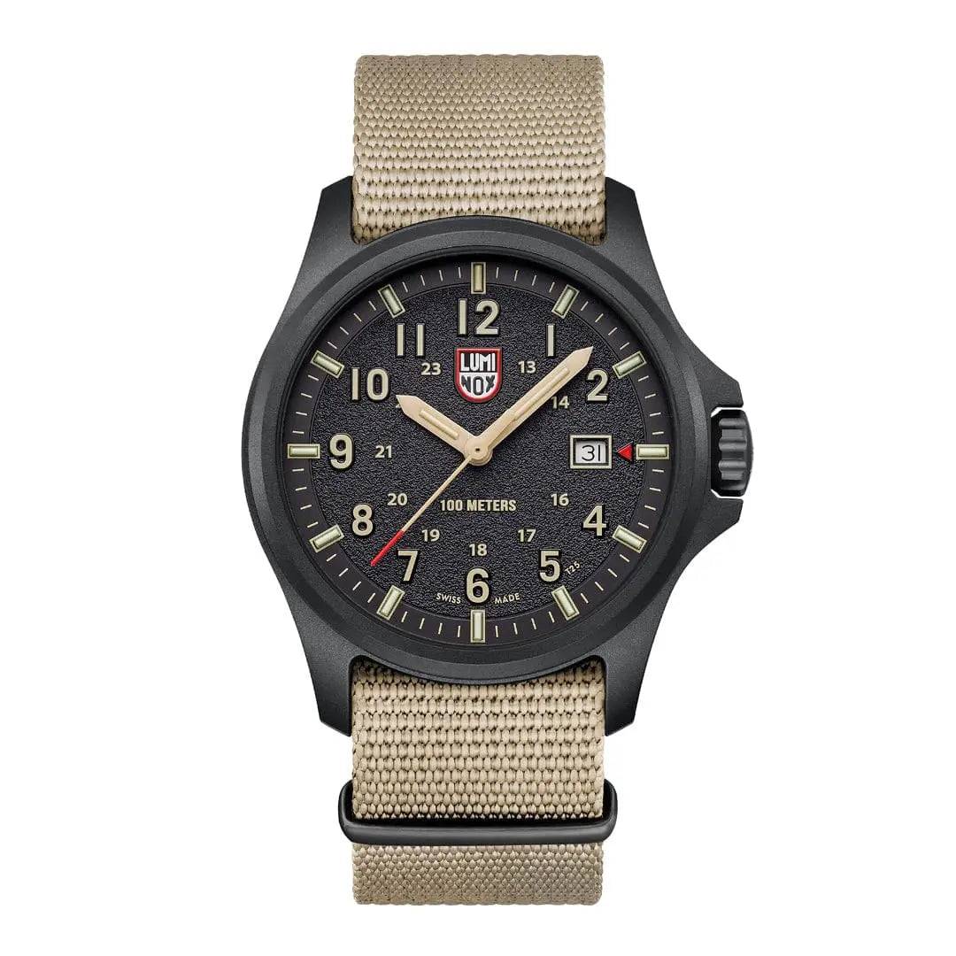 Luminox Atacama Field 1960 Series Watch Sand 43mm XL.1970.SET with a black dial, beige numerals, and a sand-colored fabric strap, designed for durability.