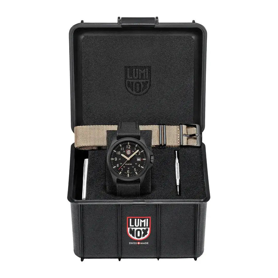Luminox Atacama Field 1960 Series Watch XL.1970.SET presented in a black protective case with an additional sand-colored strap and a tool for easy strap changes. from John Bull Clothing