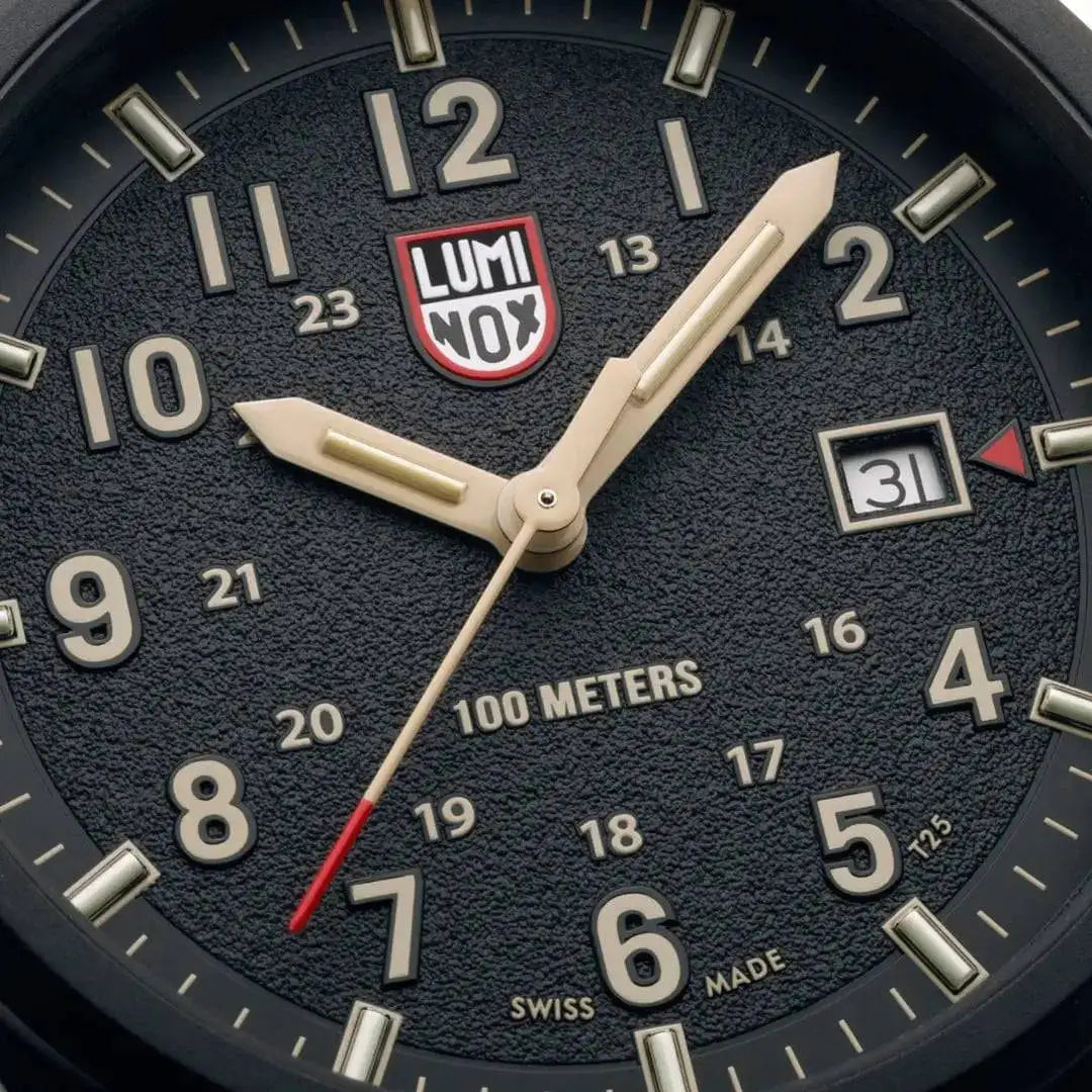 Close-up of the Luminox Atacama Field 1960 Series Watch XL.1970.SET dial, showcasing beige hands, a red-tipped second hand, and a date display at 3 o’clock. from John Bull Clothing