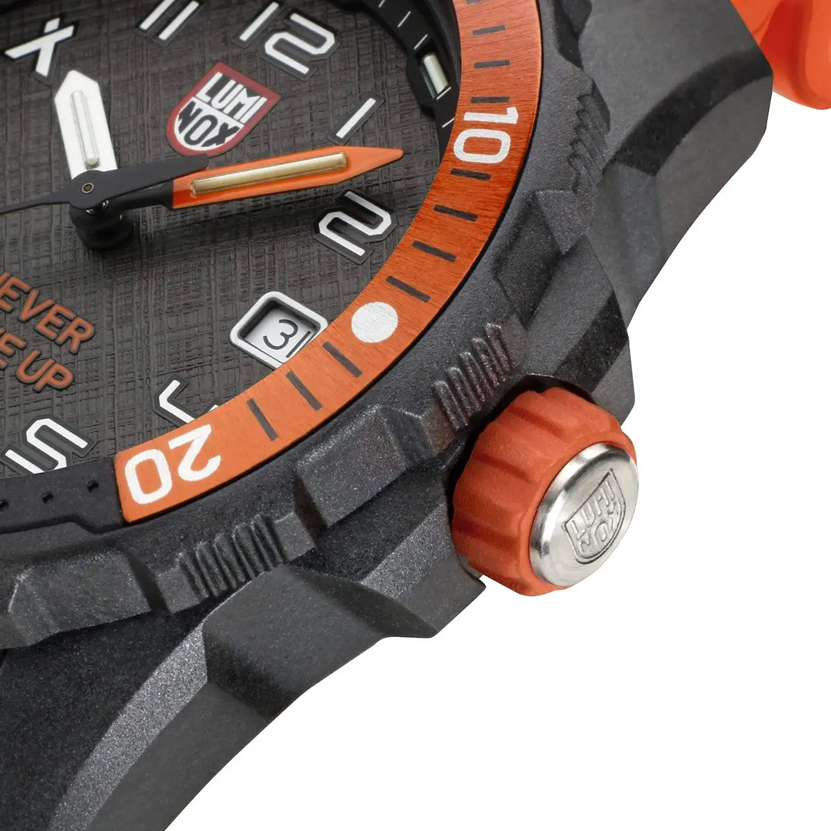 Close-up of Luminox Bear Grylls Survival Explorer Watch 42mm XB.3729.NGU showing textured dial, orange bezel, and detailed crown design.