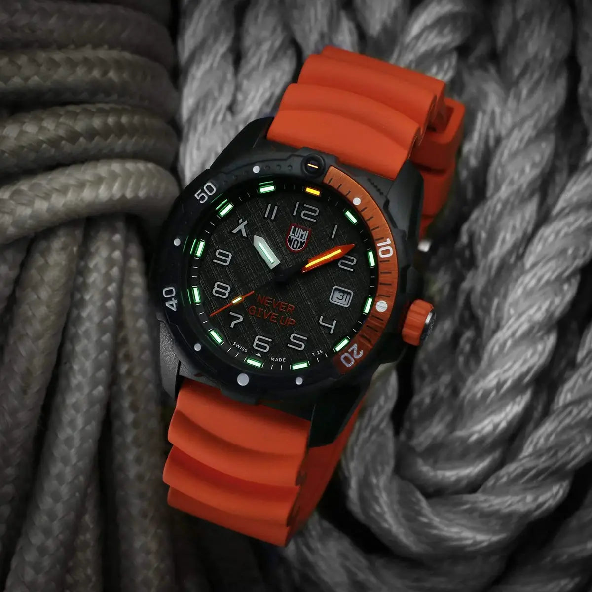 Luminox Bear Grylls Survival Explorer Watch 42mm XB.3729.NGU placed on coiled rope, emphasizing its adventure-ready design and durability.
