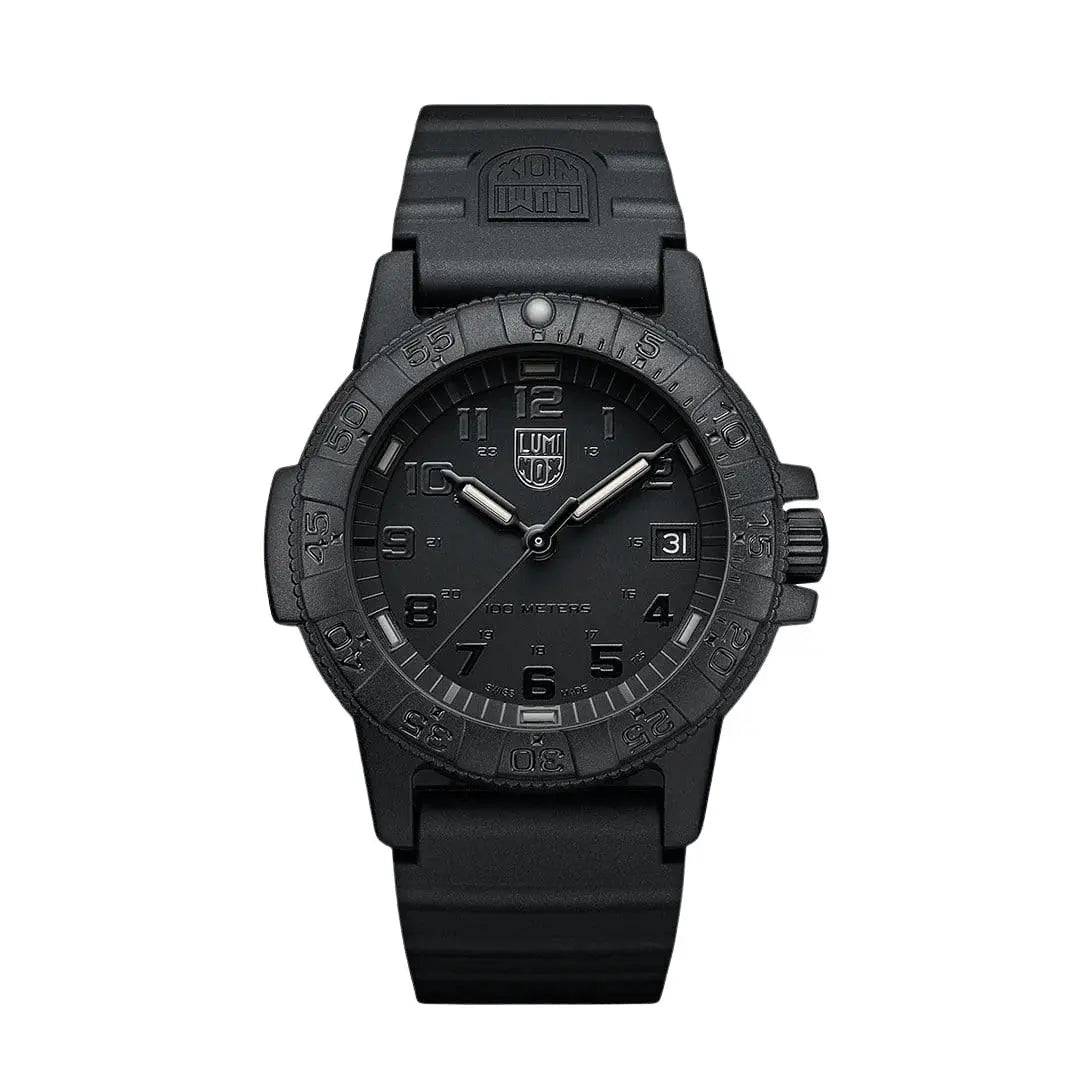 Luminox Leatherback Sea Turtle 0300 Series Watch XS.0301.BO.L in black with a rugged CARBONOX case and unidirectional rotating bezel for durability.