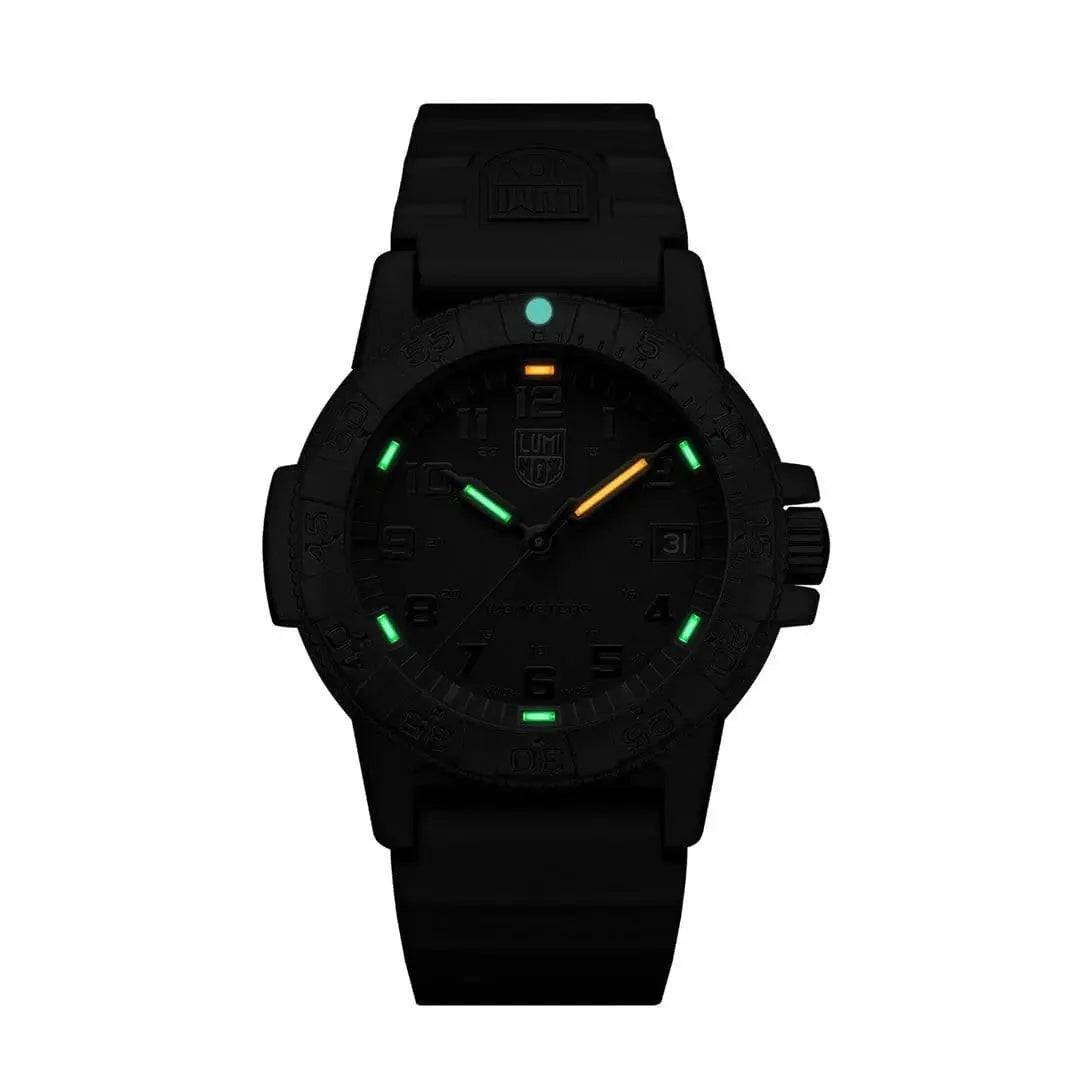 Luminox Leatherback Sea Turtle 0300 Series Watch XS.0301.BO.L featuring self-powered illumination with green and orange glowing markers for visibility.