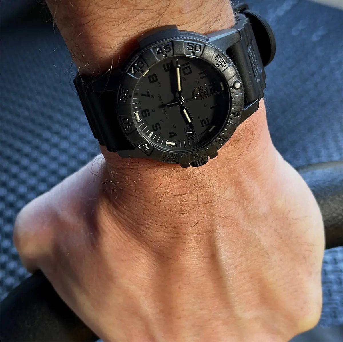 Luminox Leatherback Sea Turtle 0300 Series Watch XS.0301.BO.L worn on wrist, showcasing its tactical black design and durable CARBONOX construction.