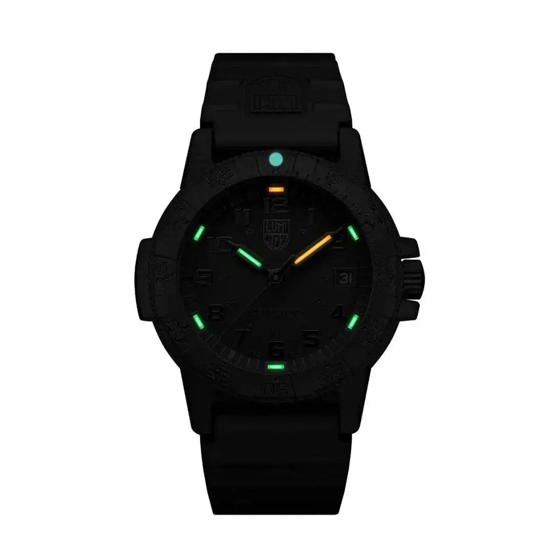 Luminox Leatherback Sea Turtle 0300 Series Watch XS.0301.BO.L featuring self-powered illumination with green and orange glowing markers for visibility. from John Bull Clothing
