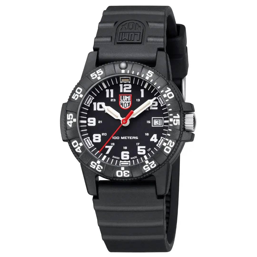 Side view of the Luminox Leatherback Sea Turtle 0300 Series Watch XS.0301.L, highlighting its black case, date display, and durable construction.