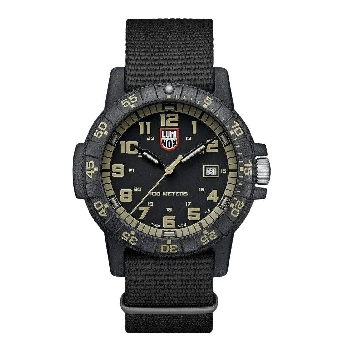 Luminox Leatherback Sea Turtle Giant 0320 Watch XS.0333 with beige dial, black Carbonox case, and black nylon strap for rugged outdoor wear.