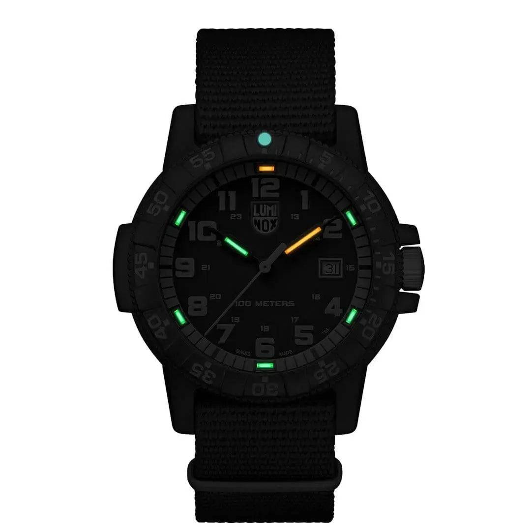 Luminox Leatherback Sea Turtle Giant 0320 Watch XS.0333 featuring glowing green and orange hands and markers for enhanced night visibility.