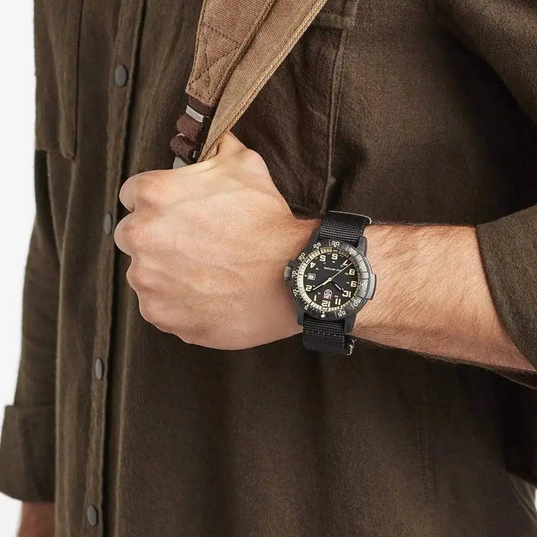 Luminox Leatherback Sea Turtle Giant 0320 Watch XS.0333 worn on wrist, showcasing its bold beige dial and durable black strap for everyday use. from John Bull Clothing