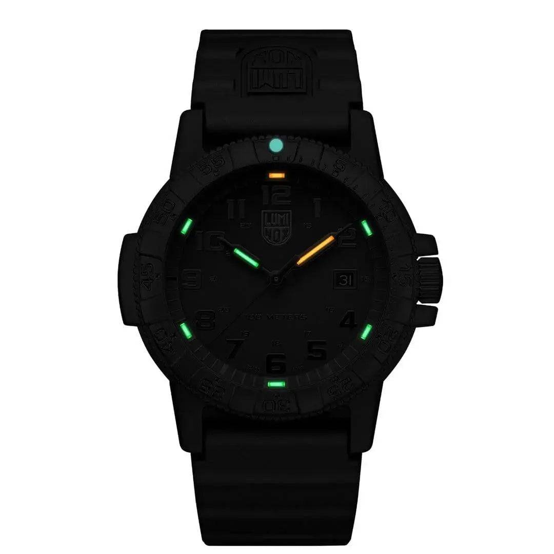 Luminox Leatherback Sea Turtle Giant Watch XS.0321.BO.L with self-powered illumination, showcasing green and orange glowing markers for night visibility.