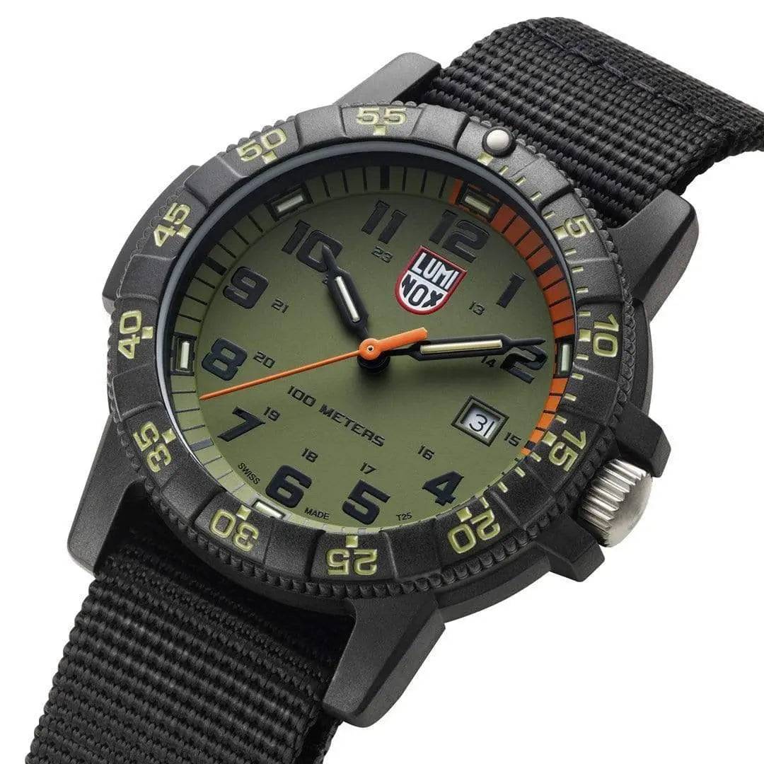 Close-up of the Luminox Leatherback Sea Turtle Giant 0320 Series Watch featuring a green dial, black bezel, and date display at 3 o’clock.