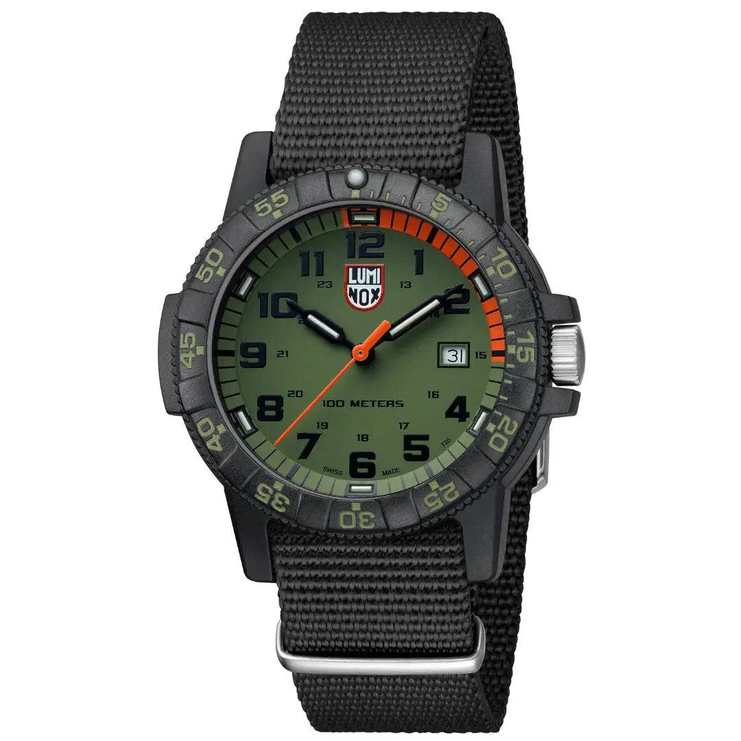 Luminox Leatherback Sea Turtle Giant 0320 Series Watch with a rugged black nylon strap, green dial, and 100-meter water resistance.
