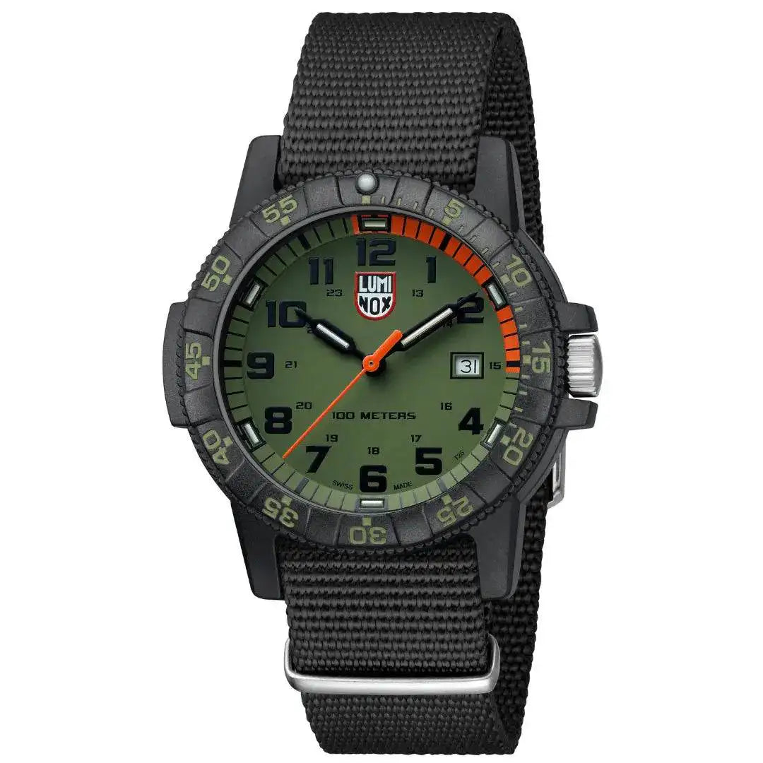 Luminox Leatherback Sea Turtle Giant 0320 Series Watch with a rugged black nylon strap, green dial, and 100-meter water resistance. from John Bull Clothing