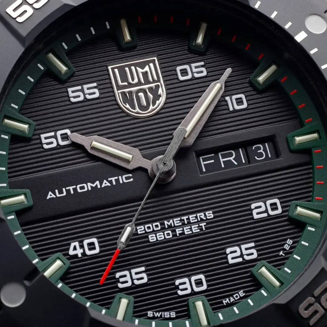 Close-up of the Luminox Master Carbon Seal Automatic 3860 Series Diver's Watch dial, showcasing the textured black face and luminous hands.