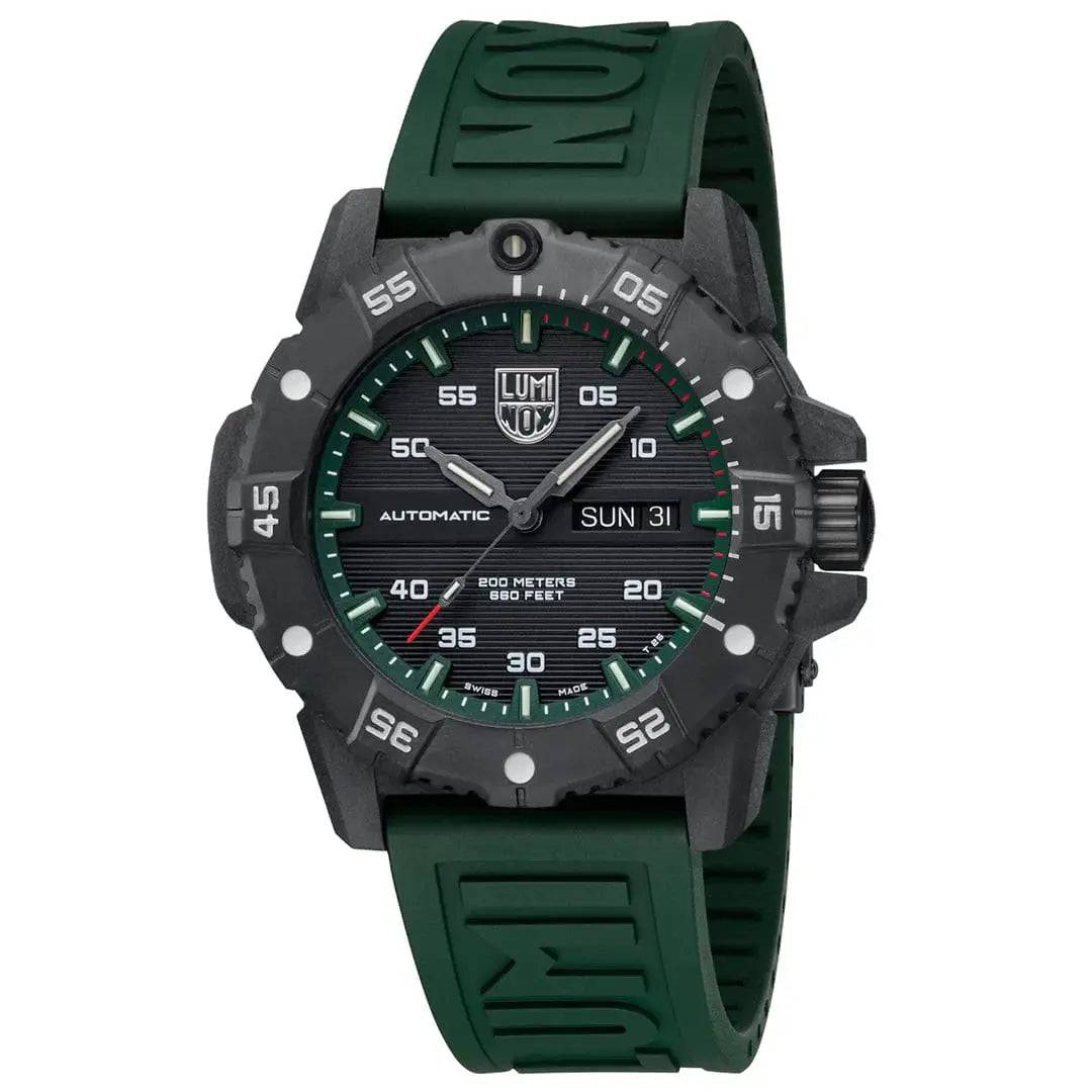 Luminox Master Carbon Seal Automatic 3860 Series Diver's Watch with a bold black dial, green strap, and durable carbon case for extreme conditions.