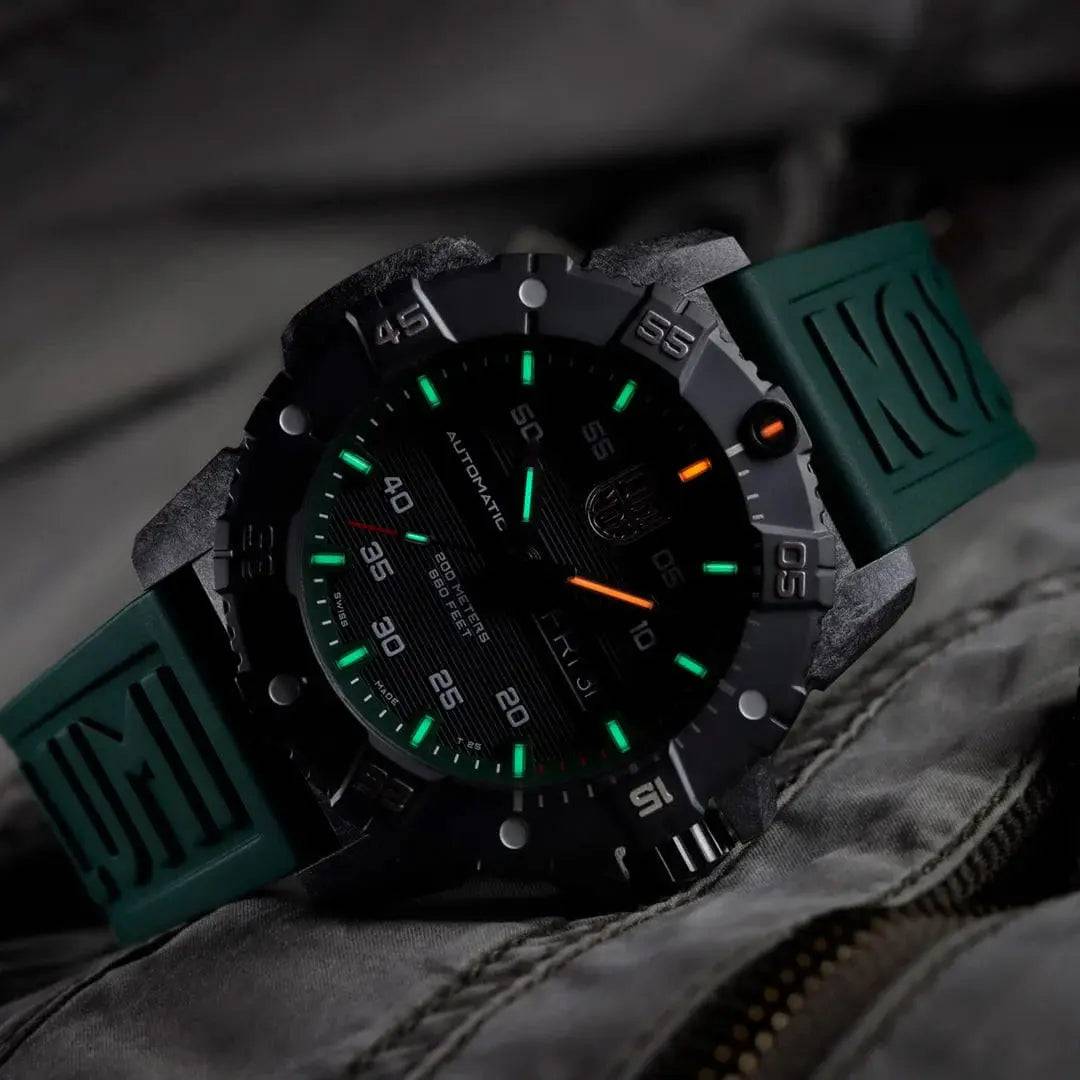 Luminox Master Carbon Seal Automatic 3860 Series Diver's Watch in a dimly lit setting, showcasing its luminous markers and rugged design.