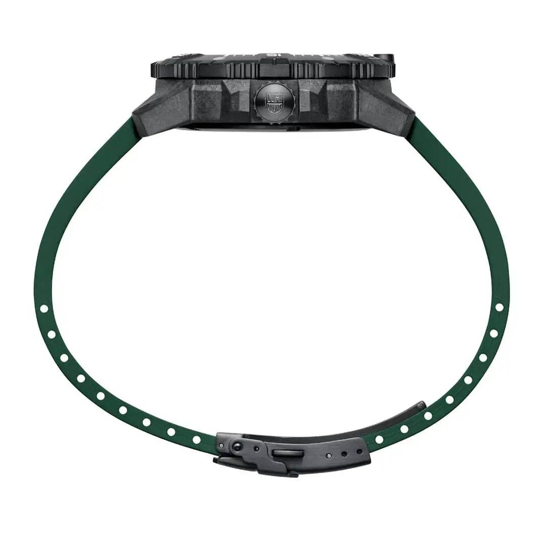 Side view of the Luminox Master Carbon Seal Automatic 3860 Series Diver's Watch with a flexible green rubber strap and secure buckle closure.