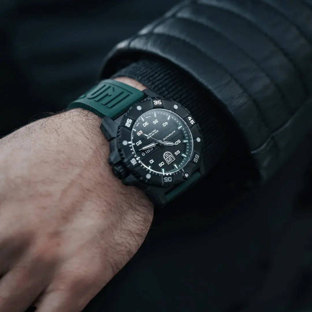 Luminox Master Carbon Seal Automatic 3860 Series Diver's Watch worn on a wrist, highlighting its rugged yet stylish design for everyday wear.