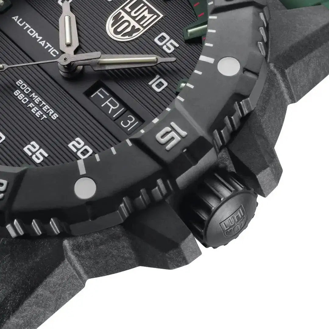Detailed view of the Luminox Master Carbon Seal Automatic 3860 Series Diver's Watch bezel and crown, highlighting its rugged carbon construction. from John Bull Clothing