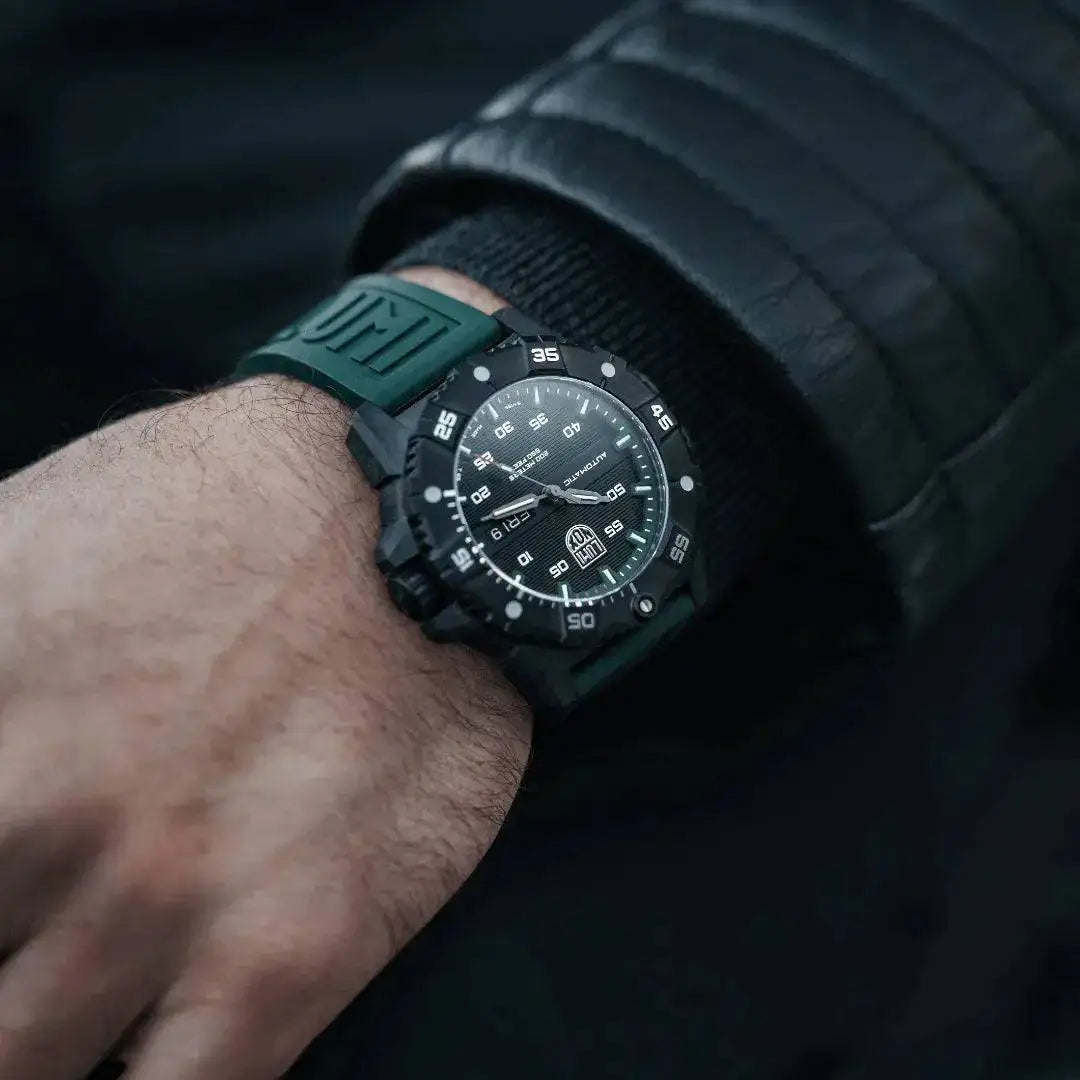 Luminox Master Carbon Seal Automatic 3860 Series Diver's Watch worn on a wrist, highlighting its rugged yet stylish design for everyday wear. from John Bull Clothing