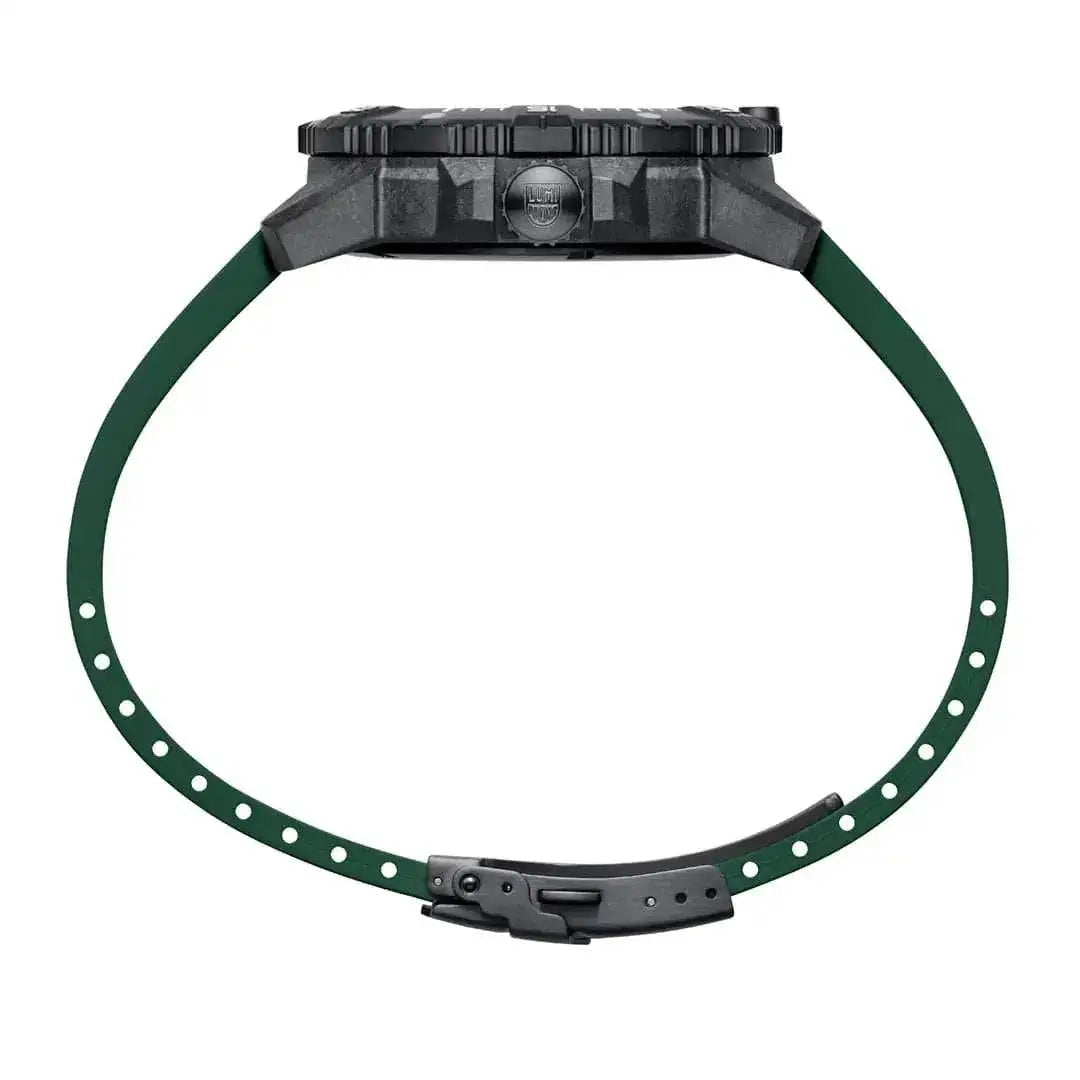 Side view of the Luminox Master Carbon Seal Automatic 3860 Series Diver's Watch with a flexible green rubber strap and secure buckle closure. from John Bull Clothing