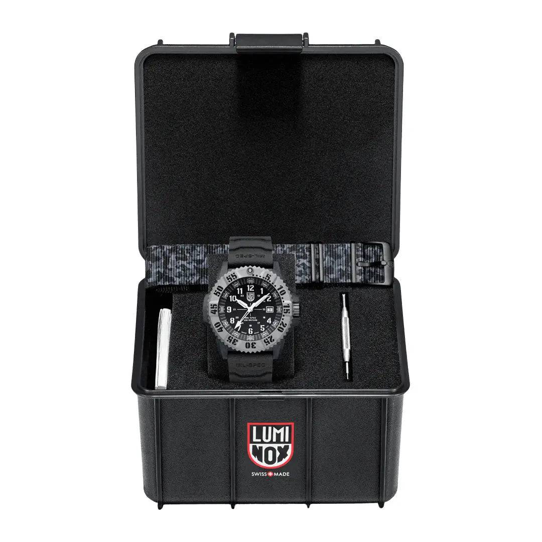 Luminox Mil-Spec 3350 Series Watch 46mm Black XL.3351.SET presented in a rugged black storage case with additional strap and tool.