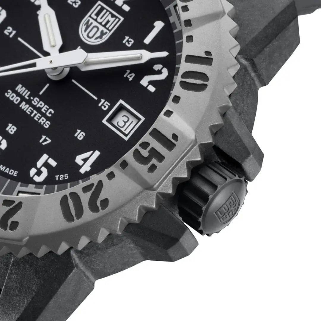 Detailed view of Luminox Mil-Spec 3350 Series Watch 46mm Black XL.3351.SET bezel and crown, highlighting its durable construction.