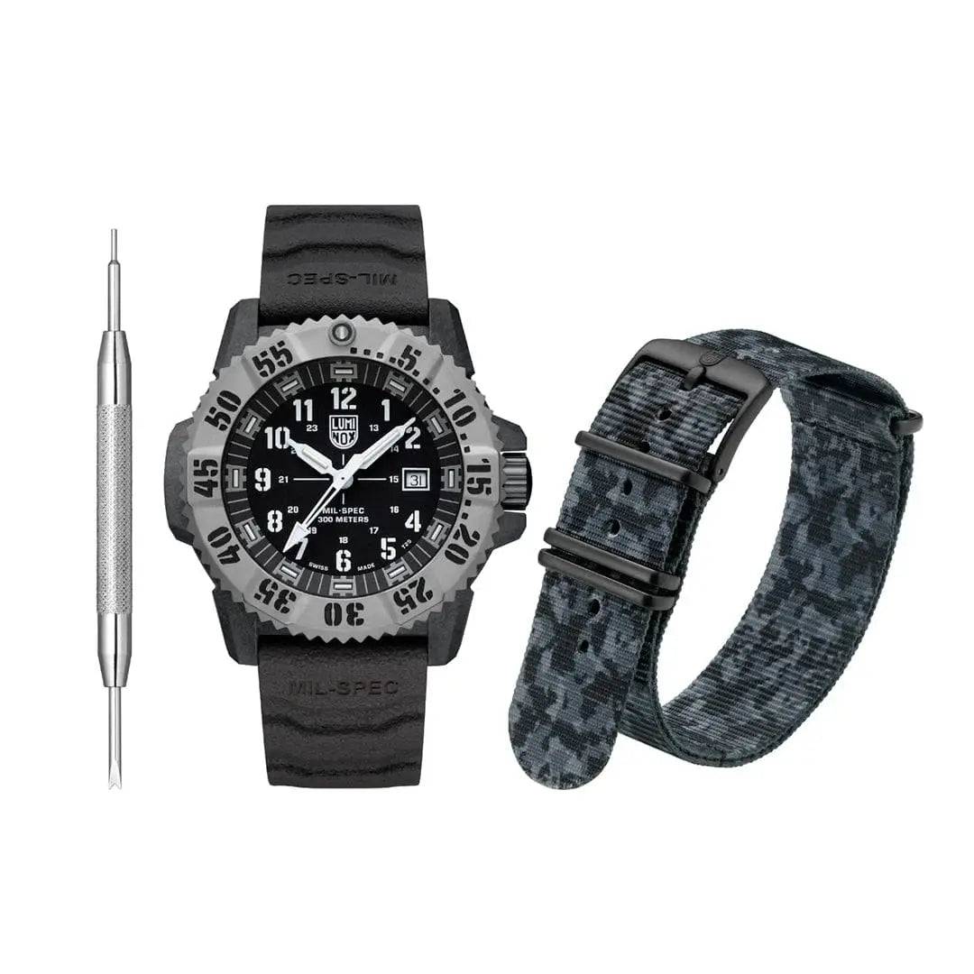 Luminox Mil-Spec 3350 Series Watch 46mm Black XL.3351.SET with black strap, additional camo strap, and tool for easy customization.