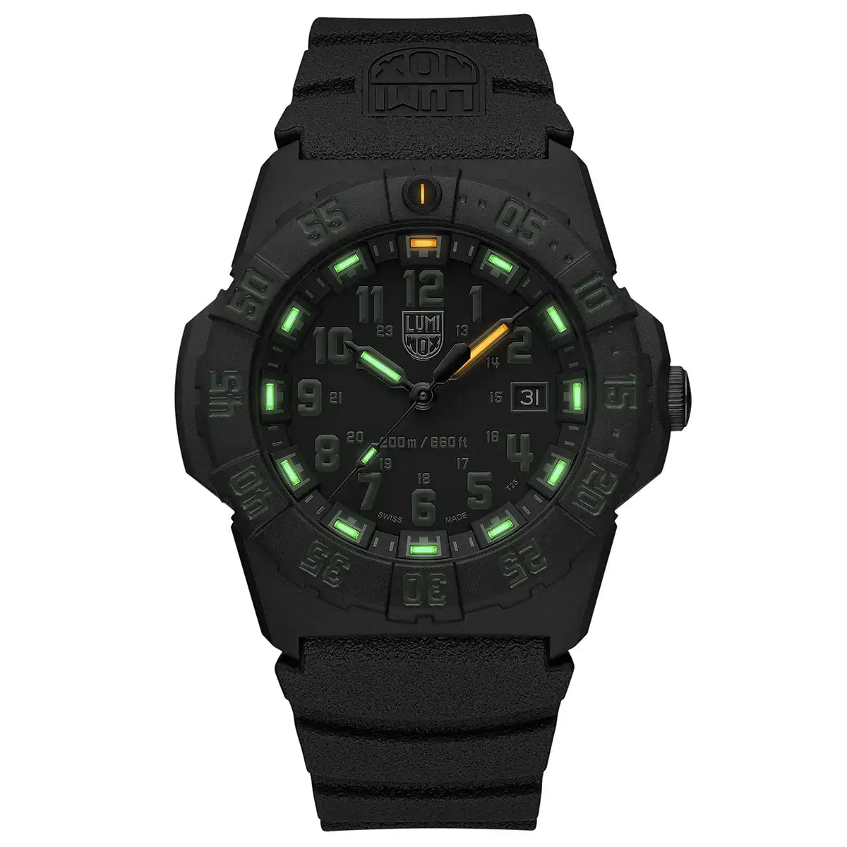 Luminox Navy Seal 44mm black tactical watch with luminous markers, unidirectional bezel, and water resistance for professional divers