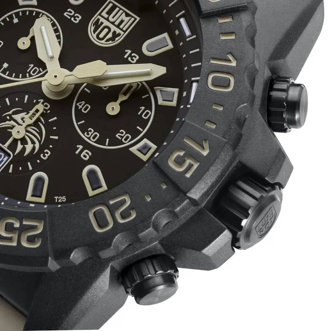 Detailed view of the Luminox Navy SEAL Foundation Chronograph Dive Watch bezel and pushers, highlighting its rugged design.