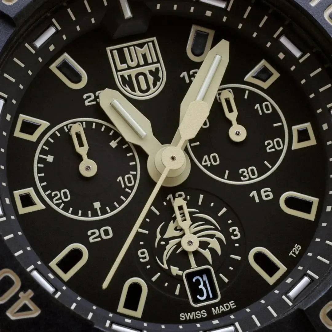 Close-up of the Luminox Navy SEAL Foundation Chronograph Dive Watch dial showcasing chronograph subdials and luminescent hands.