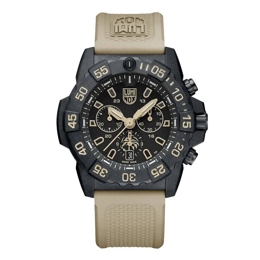 Luminox Navy SEAL Foundation Chronograph Dive Watch in sand color with a black dial, durable Carbonox case, and beige rubber strap.
