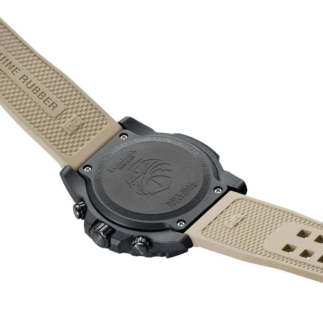 Back view of the Luminox Navy SEAL Foundation Chronograph Dive Watch with an engraved case back and beige rubber strap.