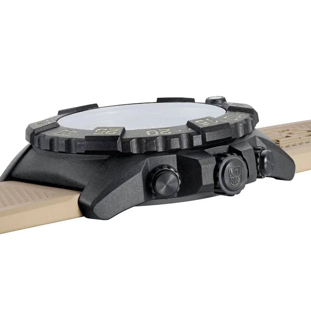 Side profile of the Luminox Navy SEAL Foundation Chronograph Dive Watch showing its thick Carbonox case and textured bezel.