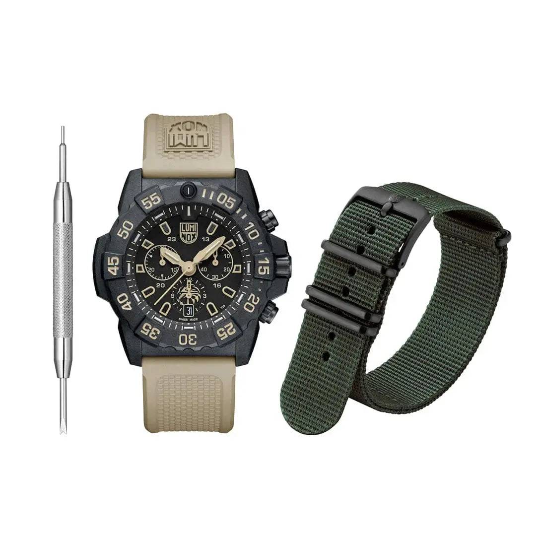 Luminox Navy SEAL Foundation Chronograph Dive Watch set including an additional green nylon strap and a strap-changing tool.