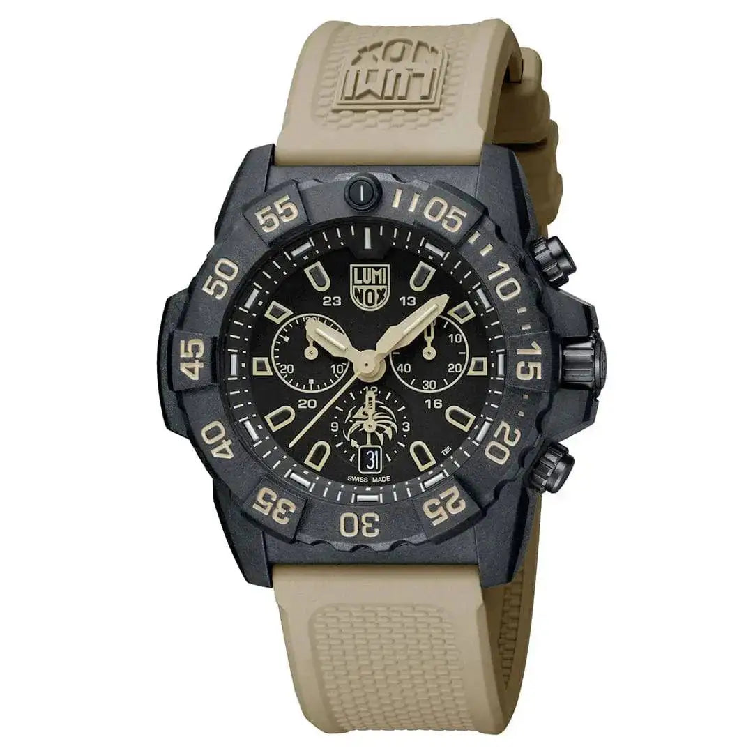 Side view of the Luminox Navy SEAL Foundation Chronograph Dive Watch featuring a rugged black Carbonox case and beige rubber strap. from John Bull Clothing