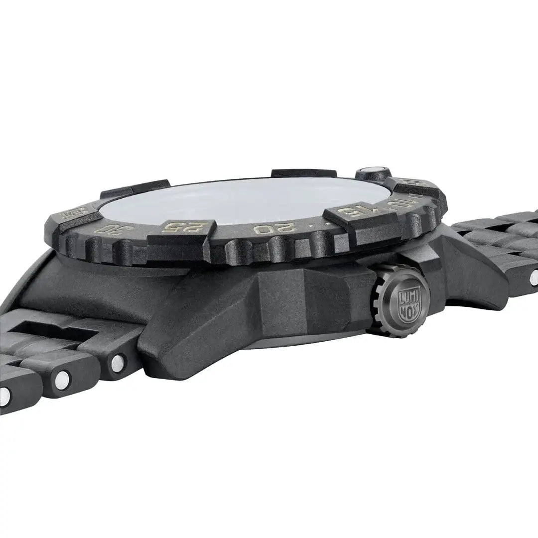 Side profile of Luminox Navy Seal Military Black Dive Watch 45mm XS.3510 showing thick case, durable strap, and screw-down crown for water resistance.